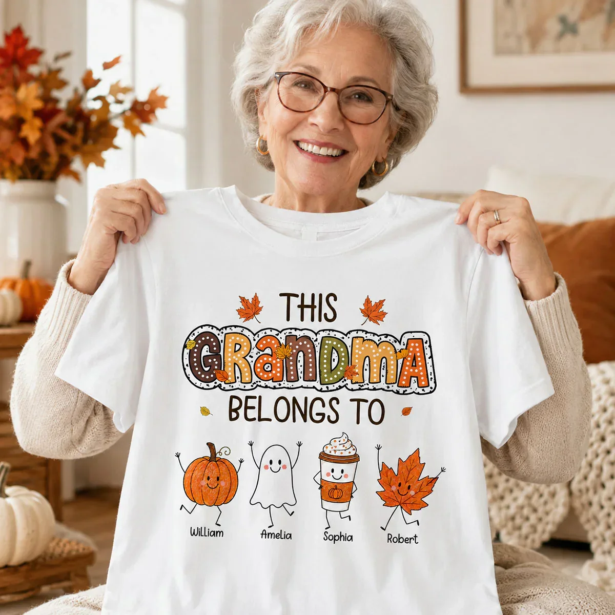 Classic Tee for Grandma, Custom Smiling Pumpkin & Ghost Design, Creative Family Gift - Image 4