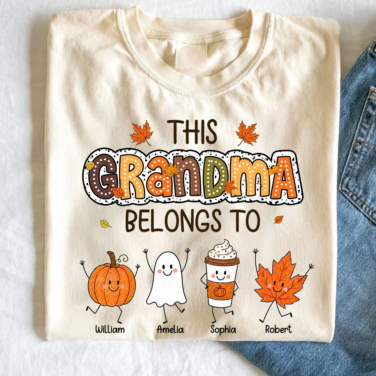 Classic Tee for Grandma, Custom Smiling Pumpkin & Ghost Design, Creative Family Gift - Image 5