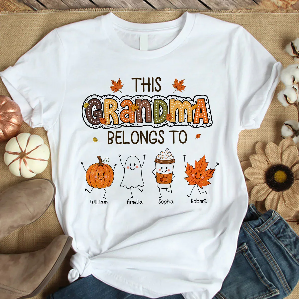 Classic Tee for Grandma, Custom Smiling Pumpkin & Ghost Design, Creative Family Gift - Image 6