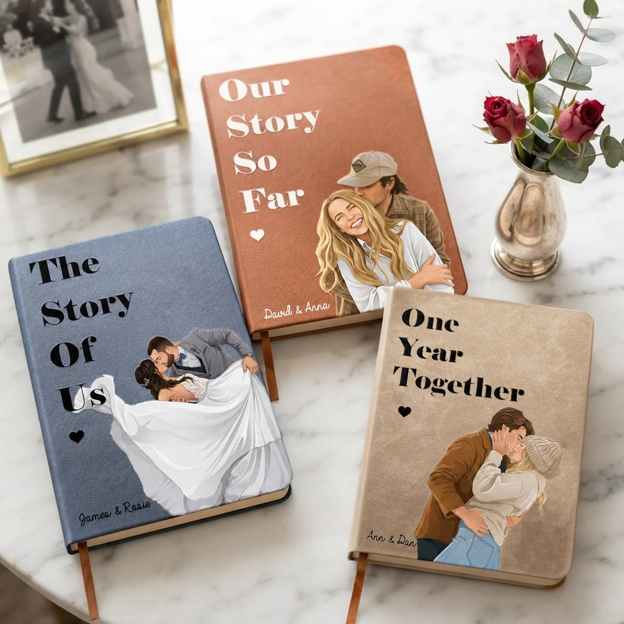 Personalized Leather Journal With Kissing Couple Portrait, Our Story So Far Unique Gift For A Couple