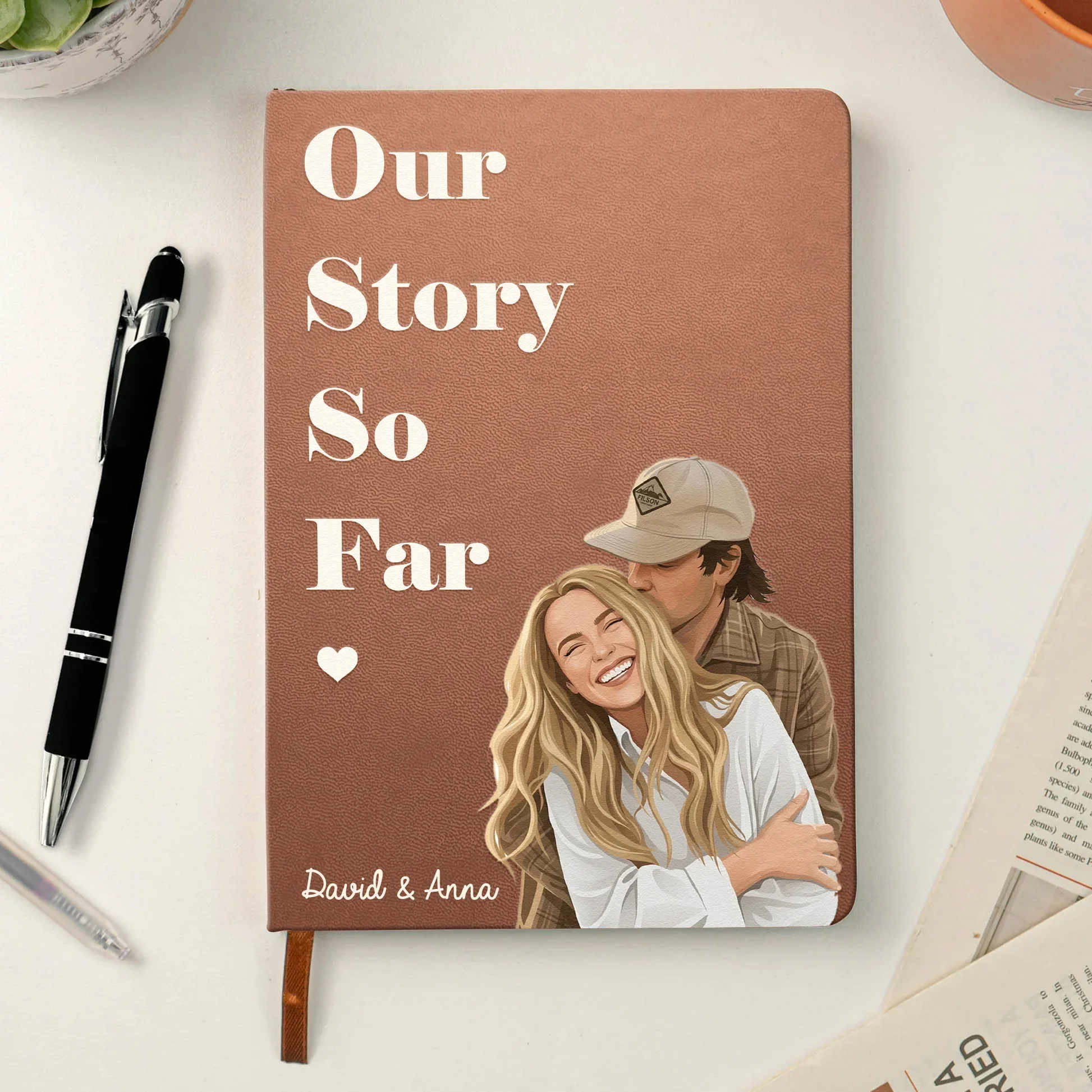 Personalized Leather Journal With Kissing Couple Portrait, Our Story So Far Unique Gift For A Couple - Image 2