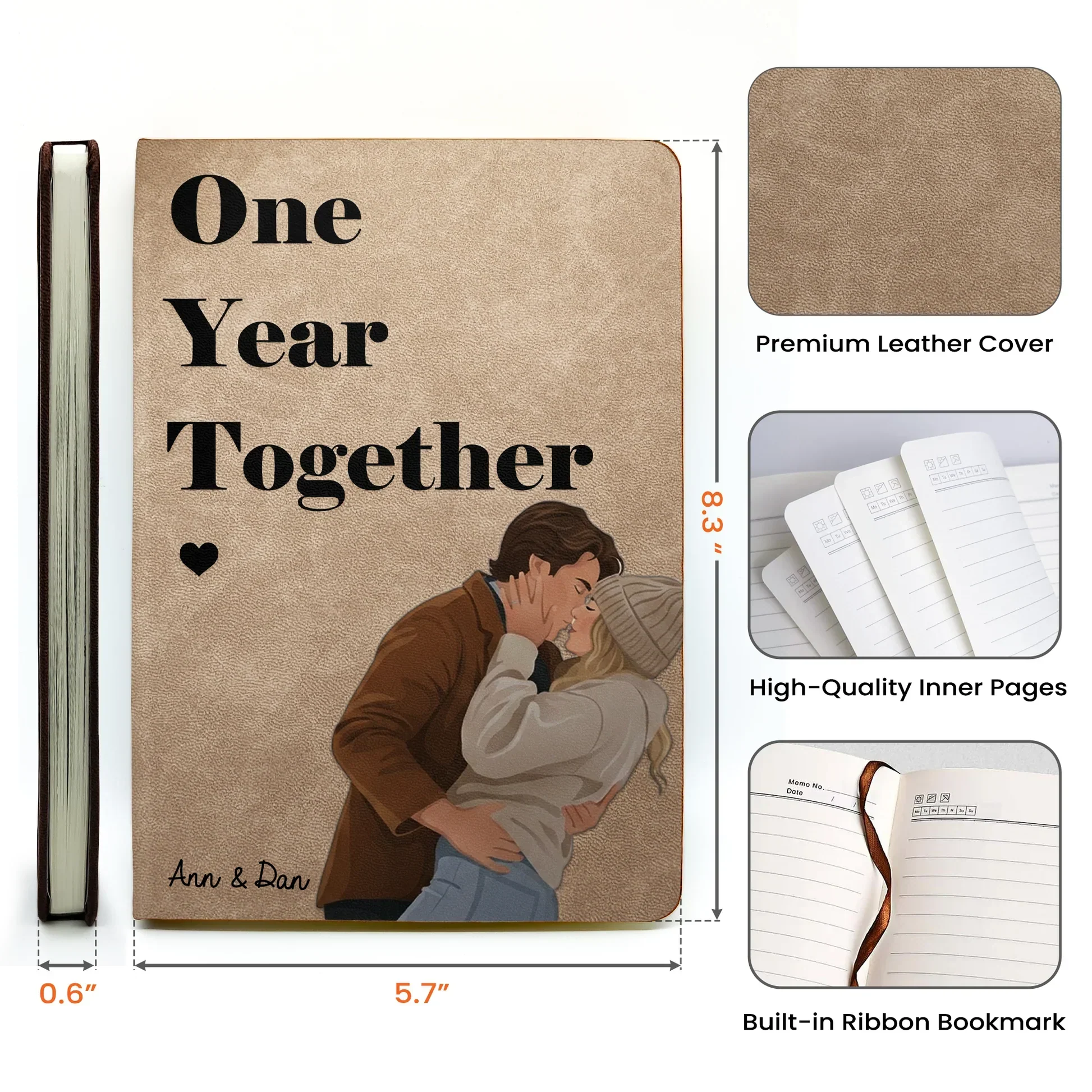 Personalized Leather Journal With Kissing Couple Portrait, Our Story So Far Unique Gift For A Couple - Image 4
