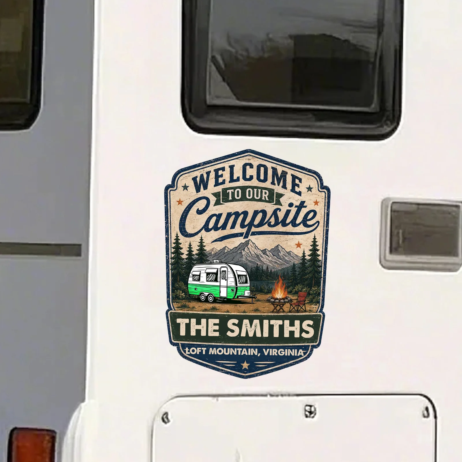 Personalized Campsite Sticker Decal, Vintage Camper & Mountain Scene, Unique Gift for Campers - Image 2