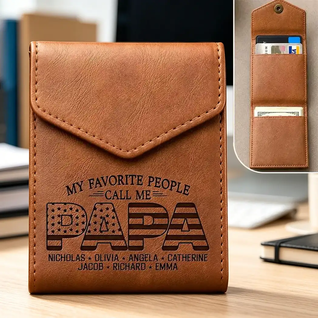 Leather Slim Wallet, Personalized Brown Card Holder With Family Quote, Unique Creative Gift For Family Gifting