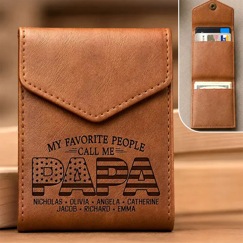 Leather Slim Wallet, Personalized Brown Card Holder With Family Quote, Unique Creative Gift For Family Gifting - Image 2