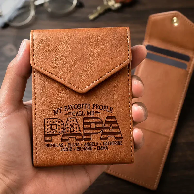 Leather Slim Wallet, Personalized Brown Card Holder With Family Quote, Unique Creative Gift For Family Gifting - Image 3