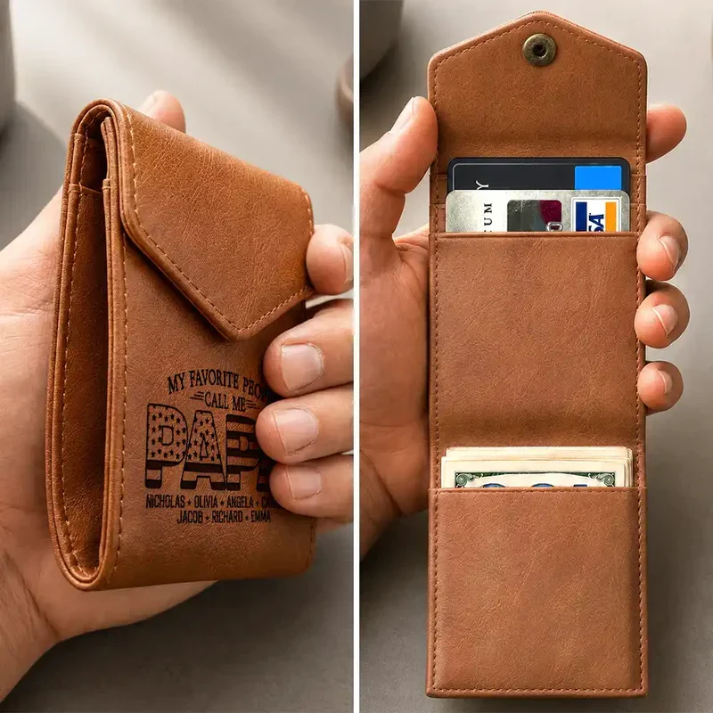 Leather Slim Wallet, Personalized Brown Card Holder With Family Quote, Unique Creative Gift For Family Gifting - Image 6