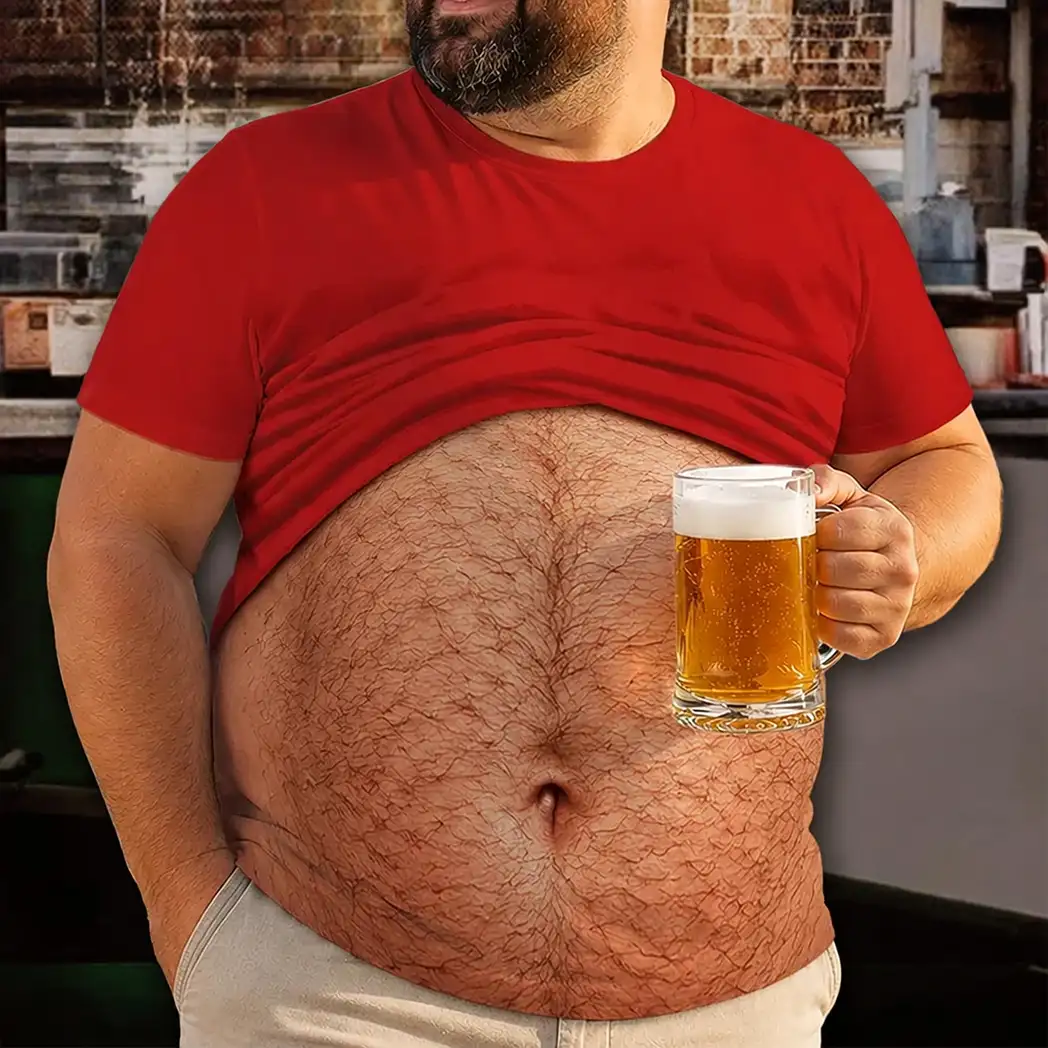 Personalized Printed Classic Tee, Funny Hairy Belly Holding Beer at Beach, Unique Creative Gift for Him