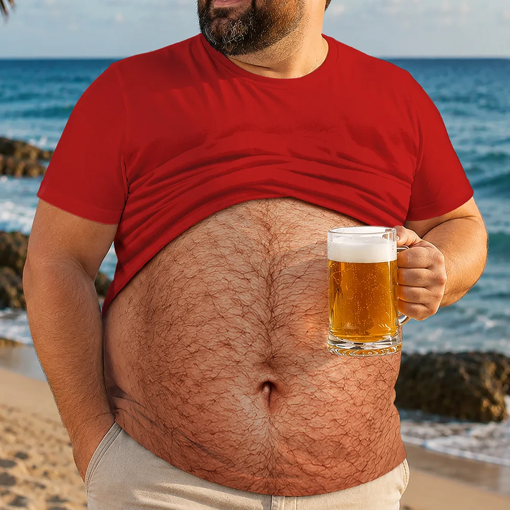 Personalized Printed Classic Tee, Funny Hairy Belly Holding Beer at Beach, Unique Creative Gift for Him - Image 2