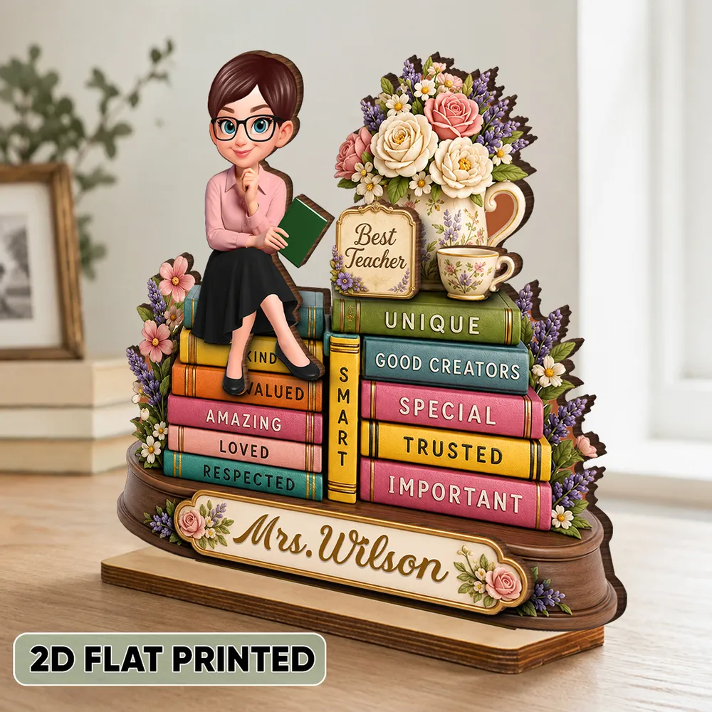 Personalized 2-Layer Wooden Plaque, Floral Teacher Books Desk Decor, Unique Gift for Teacher - Image 3