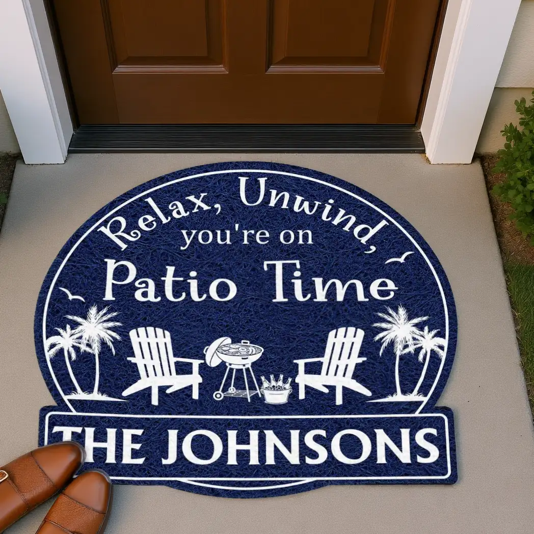 Personalized Shaped Doormat, Patio Time Design With Chairs & Palms, Unique Gift for Family