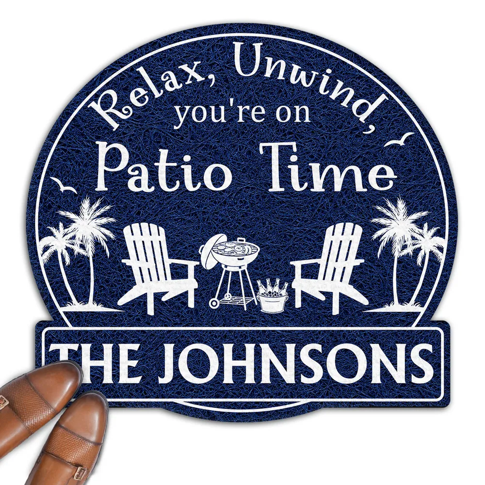 Personalized Shaped Doormat, Patio Time Design With Chairs & Palms, Unique Gift for Family - Image 2