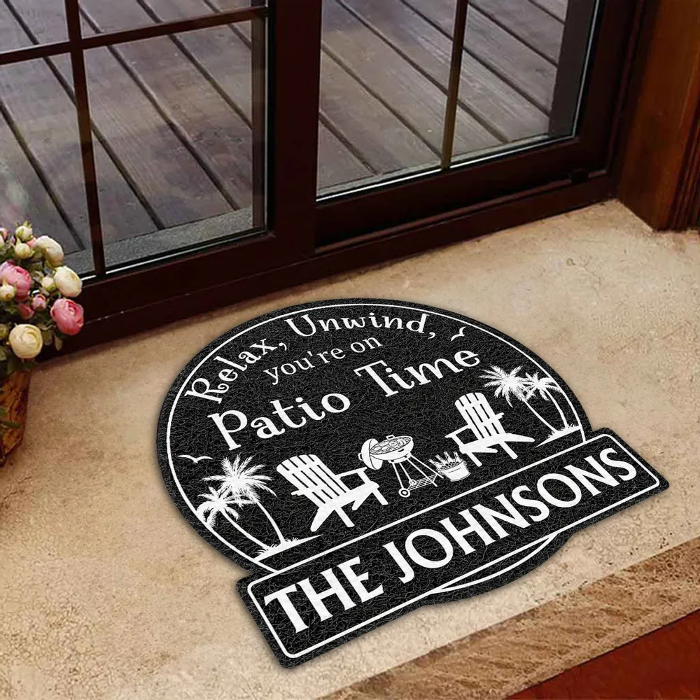 Personalized Shaped Doormat, Patio Time Design With Chairs & Palms, Unique Gift for Family - Image 4
