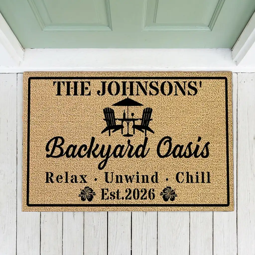 Personalized Standard Doormat, Backyard Oasis Design for Patio Entryway, Unique Housewarming Gift