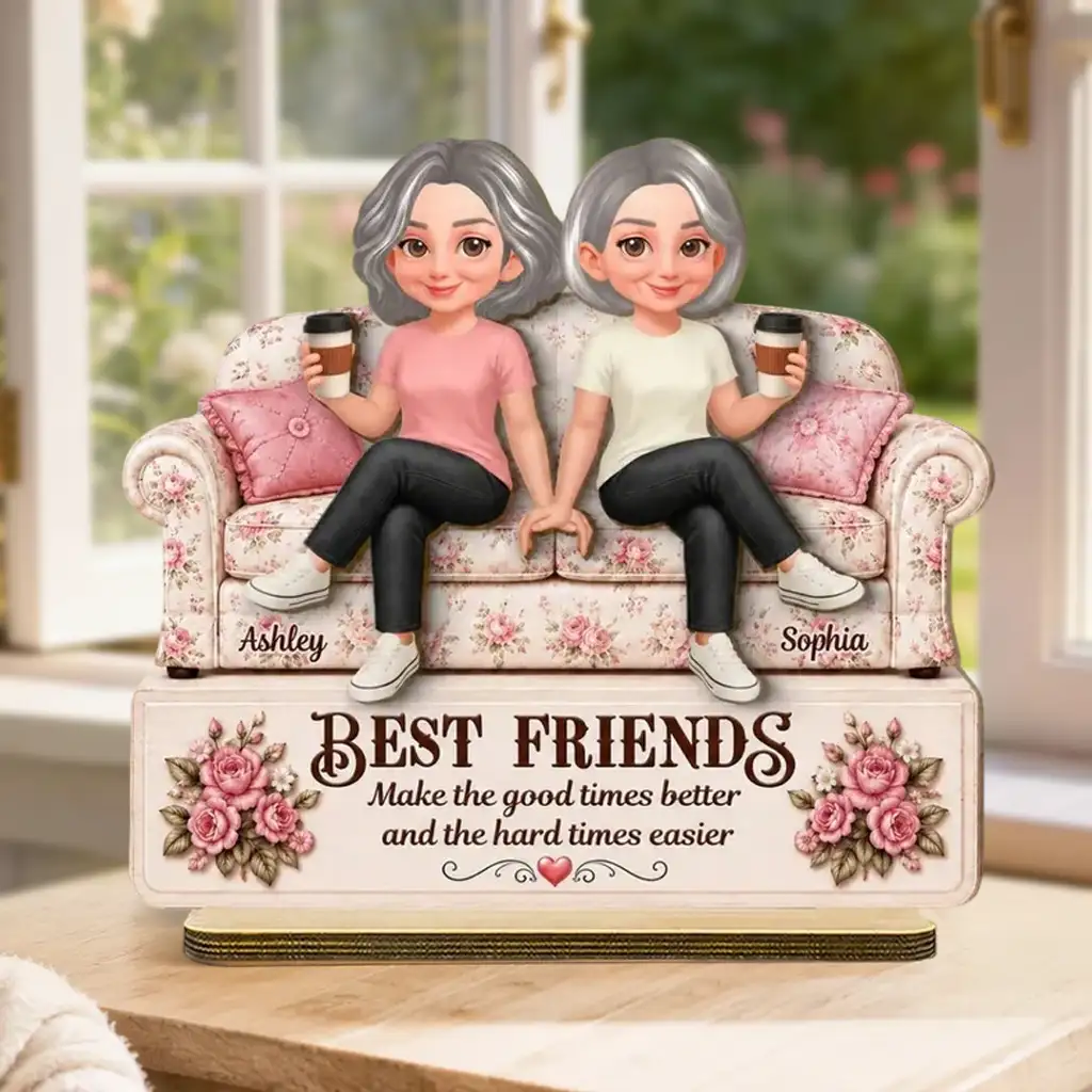 Personalized 2-Layer Wooden Plaque, Friends On Floral Sofa Holding Coffee, Unique Gift For Friend