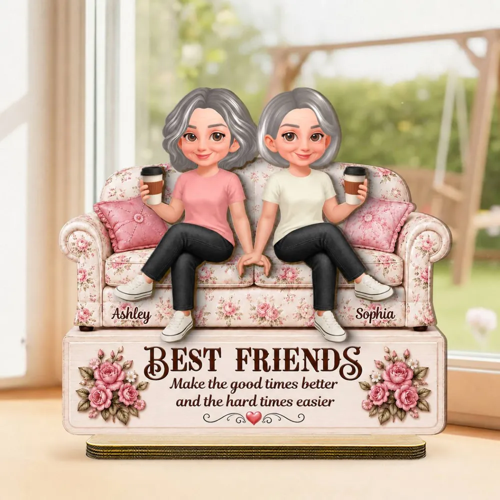 Personalized 2-Layer Wooden Plaque, Friends On Floral Sofa Holding Coffee, Unique Gift For Friend - Image 2