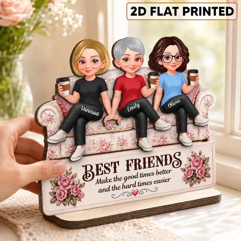 Personalized 2-Layer Wooden Plaque, Friends On Floral Sofa Holding Coffee, Unique Gift For Friend - Image 3