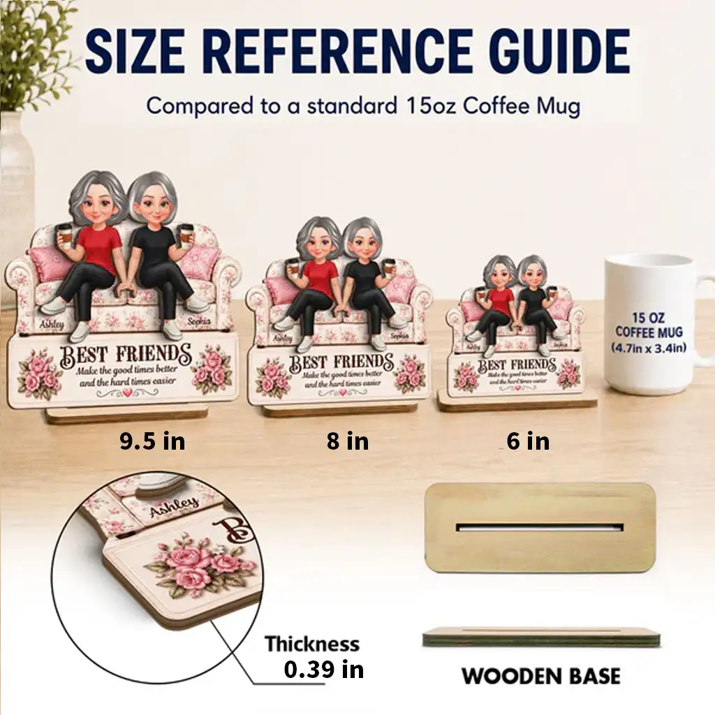 Personalized 2-Layer Wooden Plaque, Friends On Floral Sofa Holding Coffee, Unique Gift For Friend - Image 4