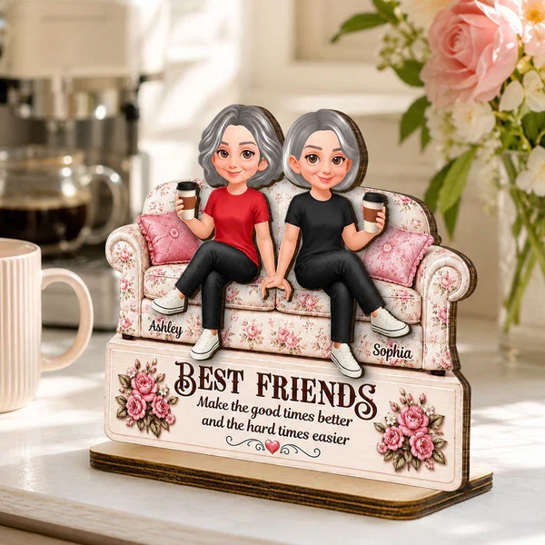 Personalized 2-Layer Wooden Plaque, Friends On Floral Sofa Holding Coffee, Unique Gift For Friend - Image 7