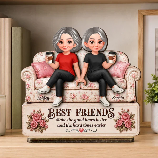 Personalized 2-Layer Wooden Plaque, Friends On Floral Sofa Holding Coffee, Unique Gift For Friend - Image 8