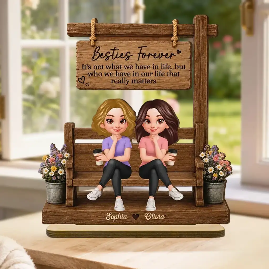 Personalized Besties Forever 2-Layer Wooden Plaque, Seated Friends With Coffee, Unique Gift for Best Friend