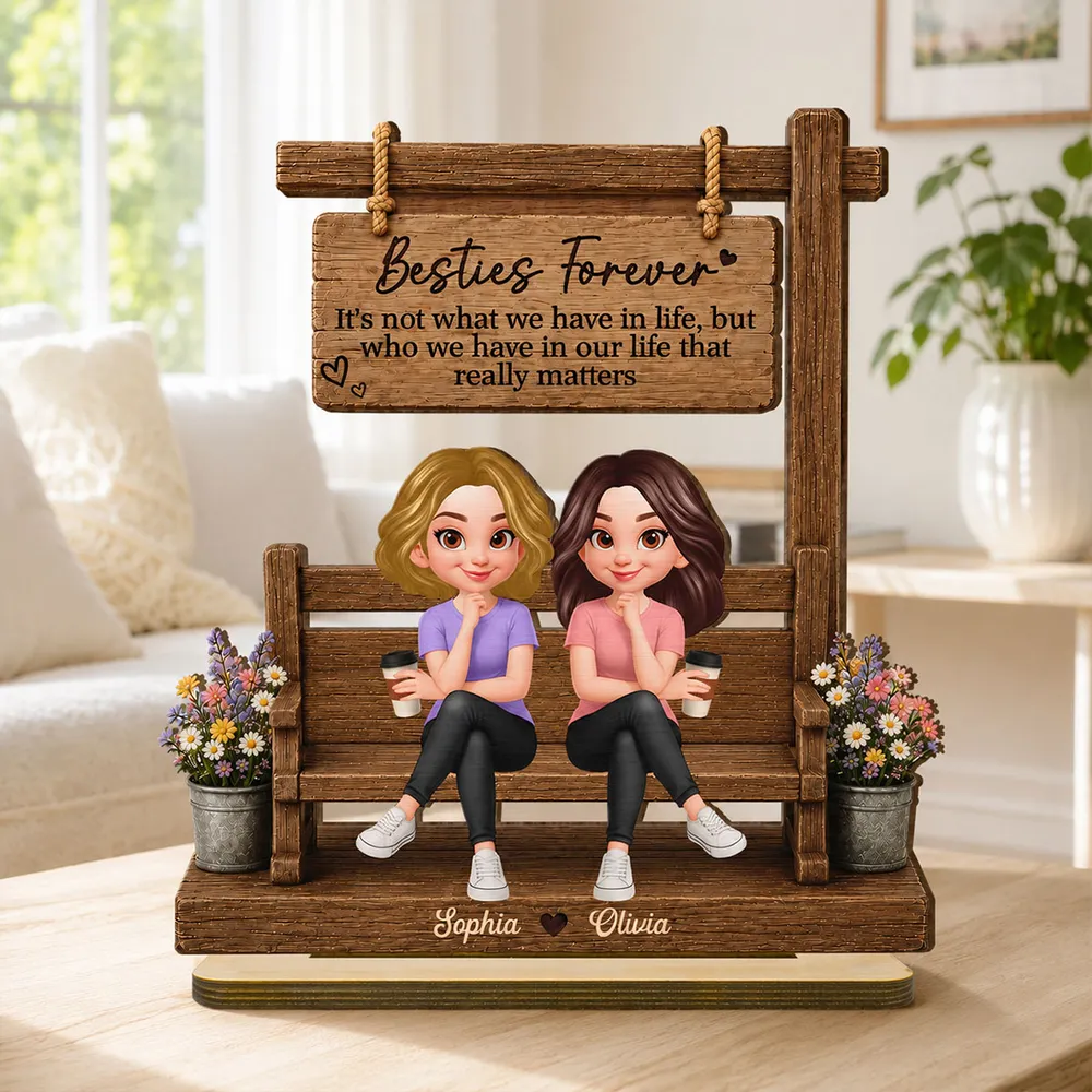 Personalized Besties Forever 2-Layer Wooden Plaque, Seated Friends With Coffee, Unique Gift for Best Friend - Image 2