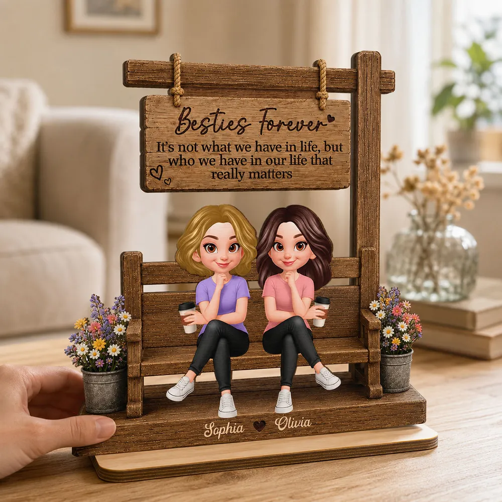 Personalized Besties Forever 2-Layer Wooden Plaque, Seated Friends With Coffee, Unique Gift for Best Friend - Image 3