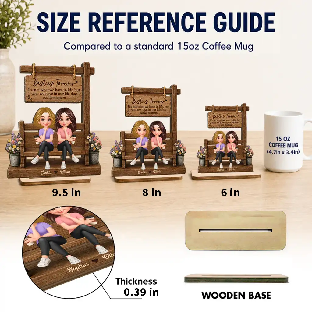 Personalized Besties Forever 2-Layer Wooden Plaque, Seated Friends With Coffee, Unique Gift for Best Friend - Image 4
