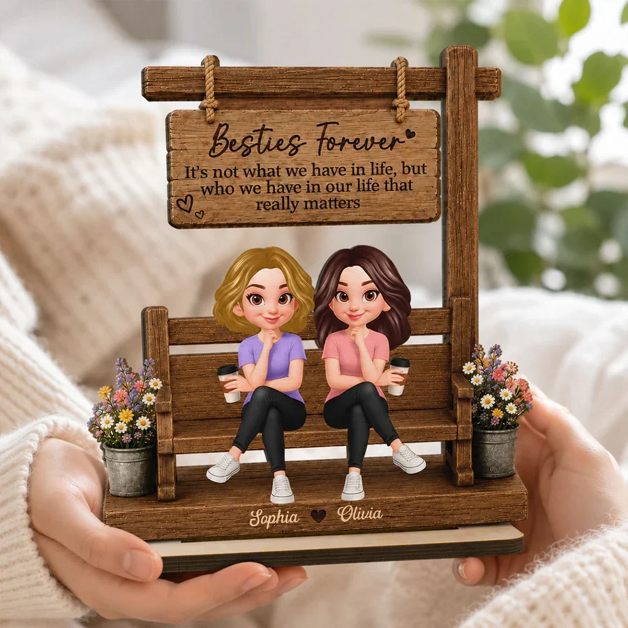 Personalized Besties Forever 2-Layer Wooden Plaque, Seated Friends With Coffee, Unique Gift for Best Friend - Image 6
