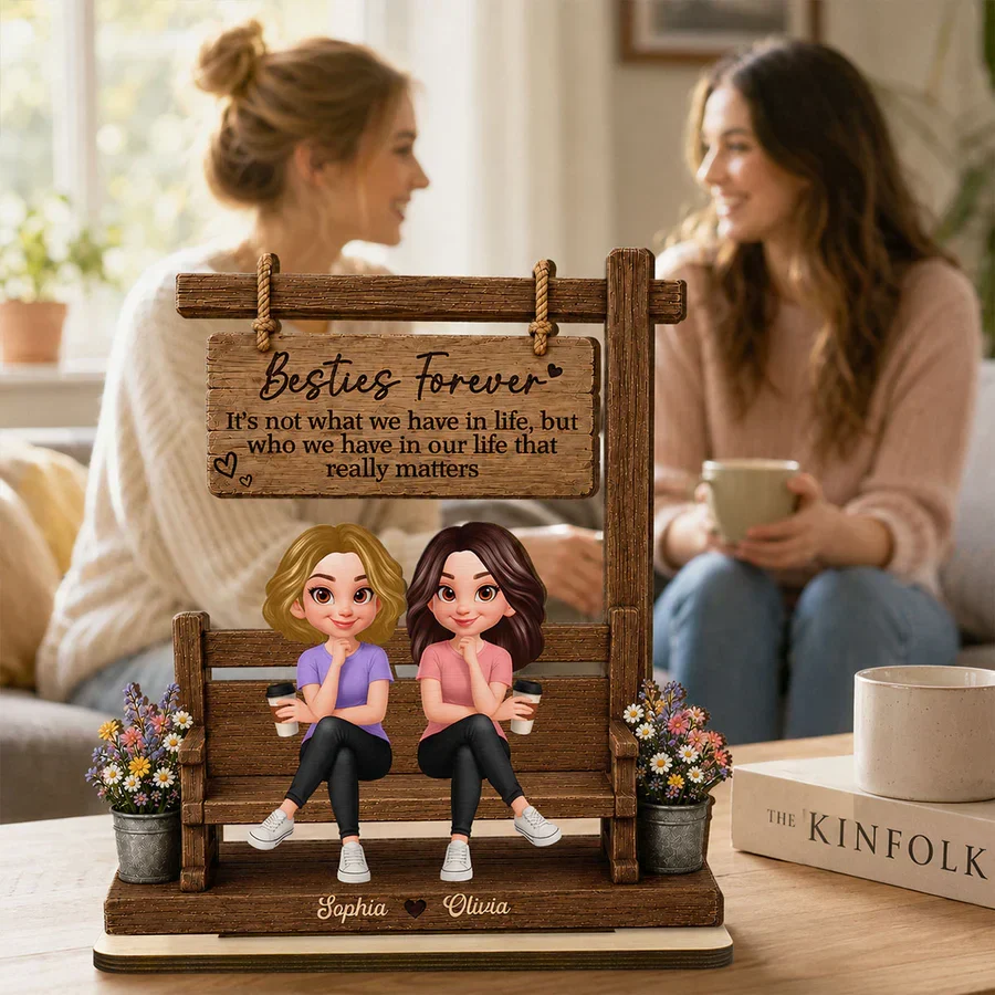 Personalized Besties Forever 2-Layer Wooden Plaque, Seated Friends With Coffee, Unique Gift for Best Friend - Image 7