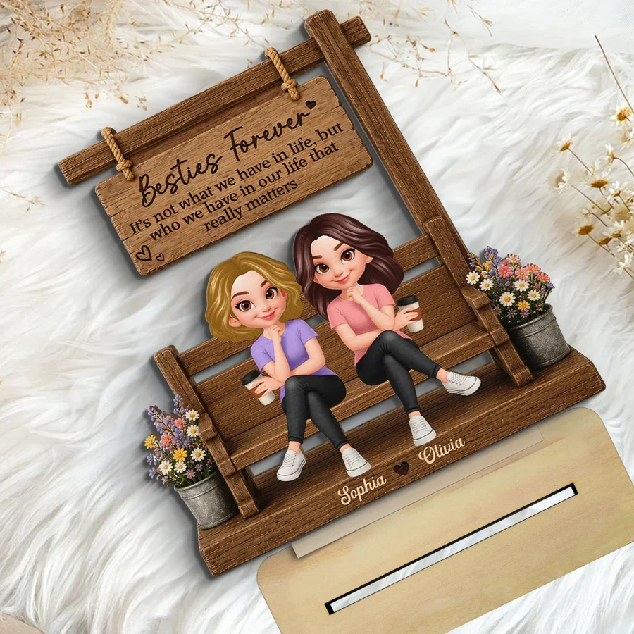 Personalized Besties Forever 2-Layer Wooden Plaque, Seated Friends With Coffee, Unique Gift for Best Friend - Image 8