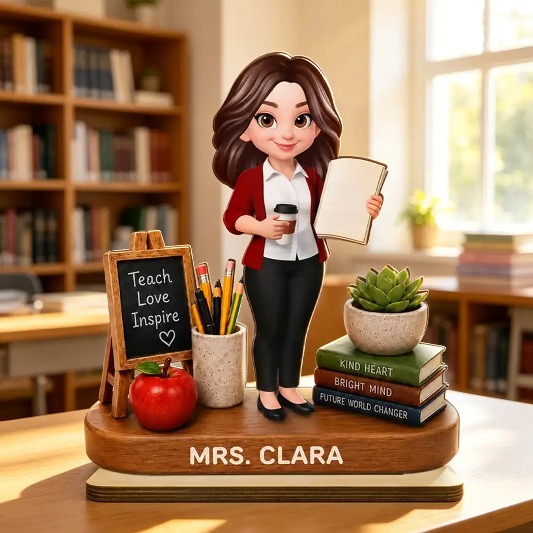 Personalized 2-Layer Wooden Plaque, Standing Teacher with Coffee & Book, Unique Creative Gift