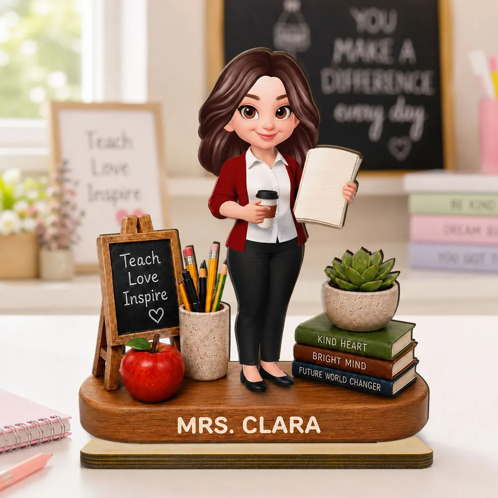 Personalized 2-Layer Wooden Plaque, Standing Teacher with Coffee & Book, Unique Creative Gift - Image 2