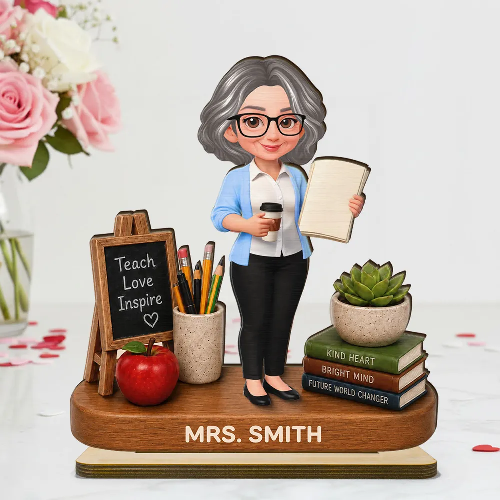 Personalized 2-Layer Wooden Plaque, Standing Teacher with Coffee & Book, Unique Creative Gift - Image 3