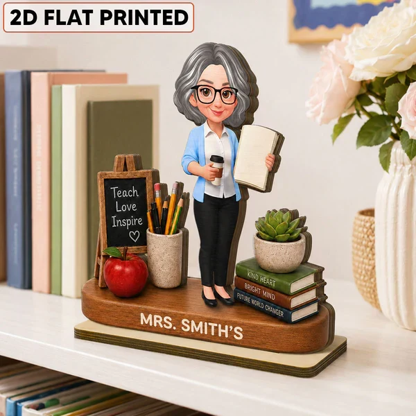 Personalized 2-Layer Wooden Plaque, Standing Teacher with Coffee & Book, Unique Creative Gift - Image 5