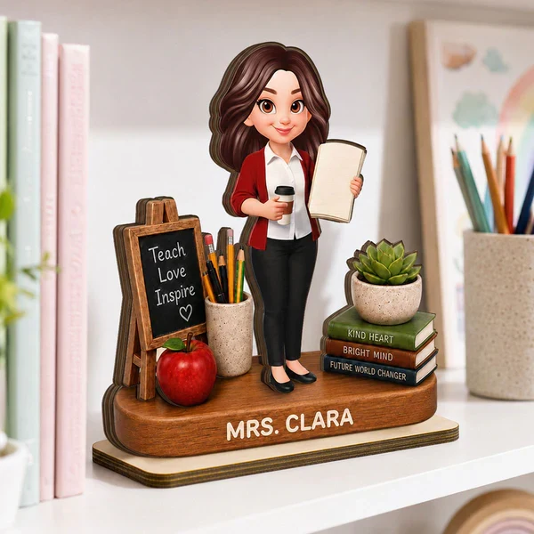 Personalized 2-Layer Wooden Plaque, Standing Teacher with Coffee & Book, Unique Creative Gift - Image 6