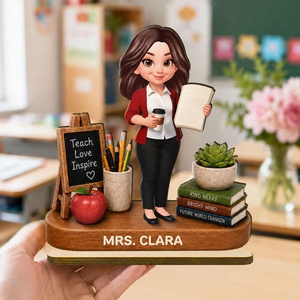 Personalized 2-Layer Wooden Plaque, Standing Teacher with Coffee & Book, Unique Creative Gift - Image 7