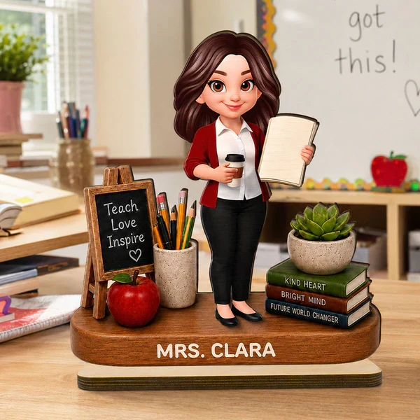 Personalized 2-Layer Wooden Plaque, Standing Teacher with Coffee & Book, Unique Creative Gift - Image 8