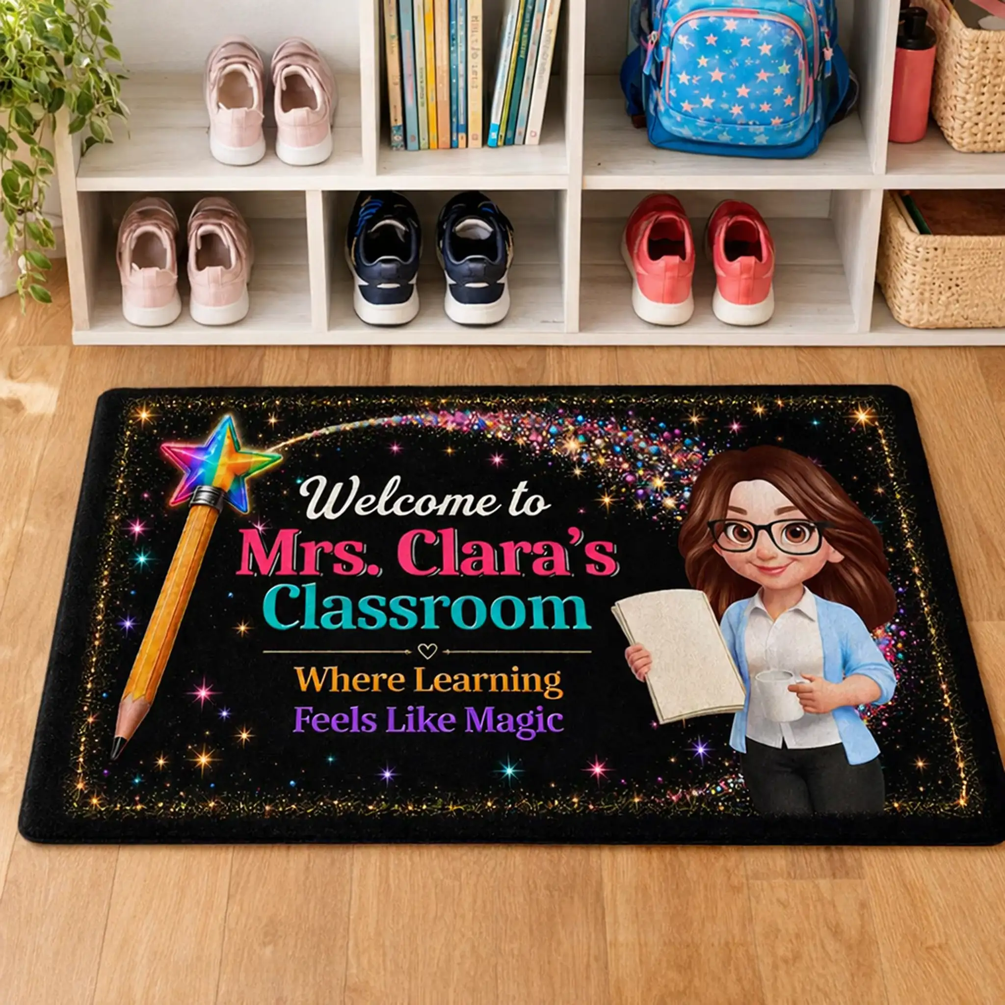 Personalized Teacher Doormat, Classroom Welcome With Pencil Wand, Unique Creative Gift for Back to School