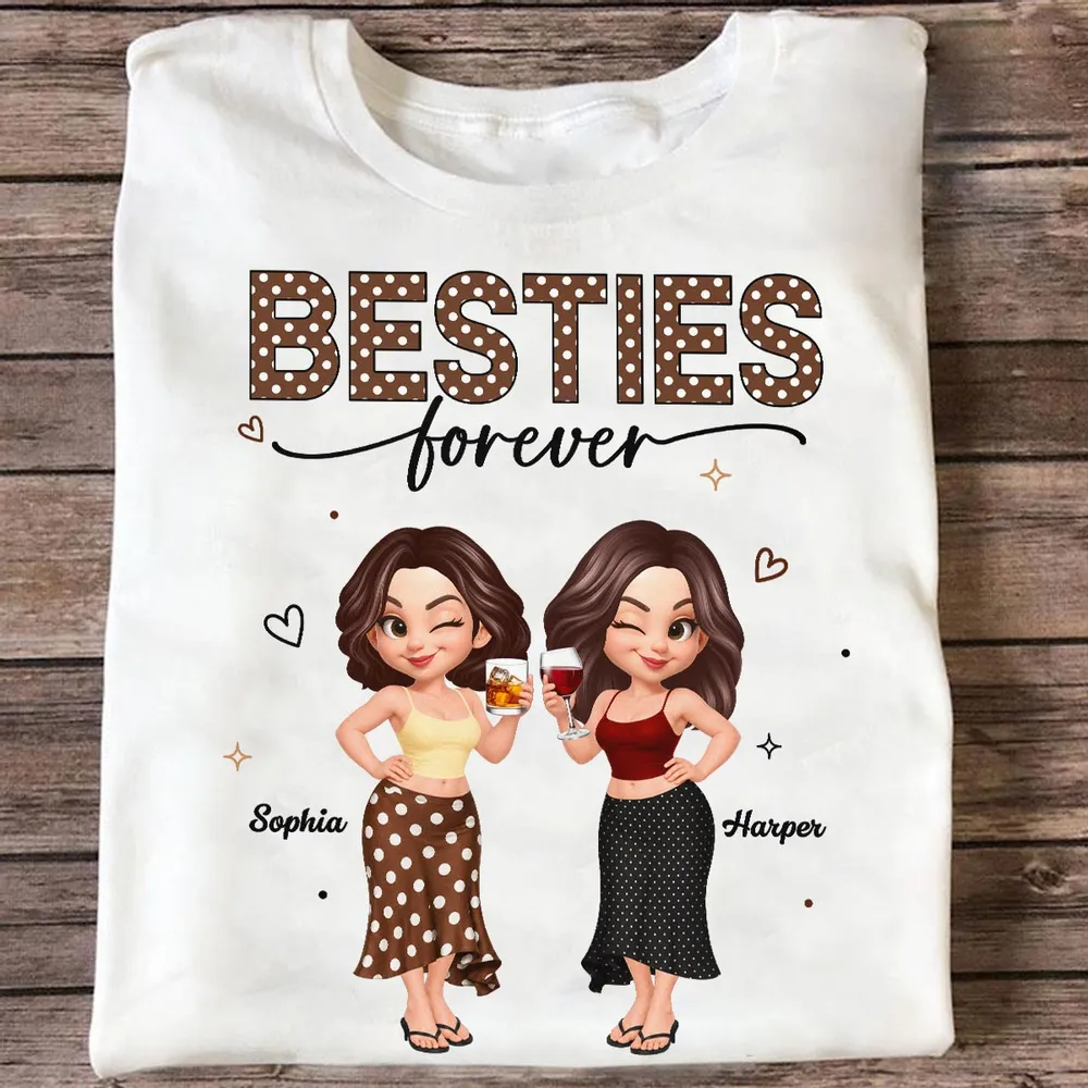 Personalized Besties Forever Classic Tee, Polka Dot Friends Holding Drinks, Unique Gift for Close Friend - Image 2