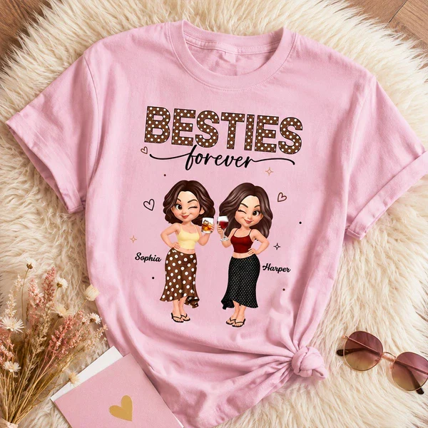 Personalized Besties Forever Classic Tee, Polka Dot Friends Holding Drinks, Unique Gift for Close Friend - Image 5
