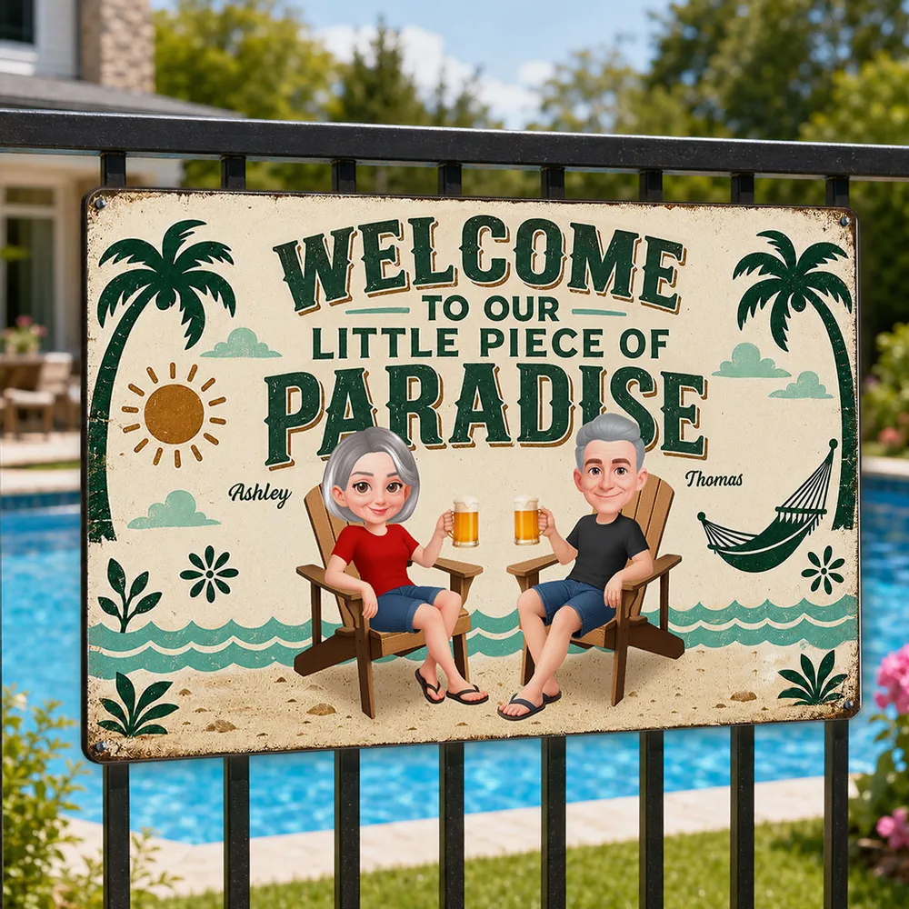 Personalized Rectangular Iron Sign, Seated Couple Pool Paradise Decor, Unique Gift for Couples - Image 2