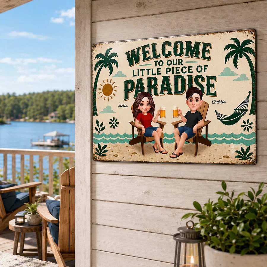 Personalized Rectangular Iron Sign, Seated Couple Pool Paradise Decor, Unique Gift for Couples - Image 3