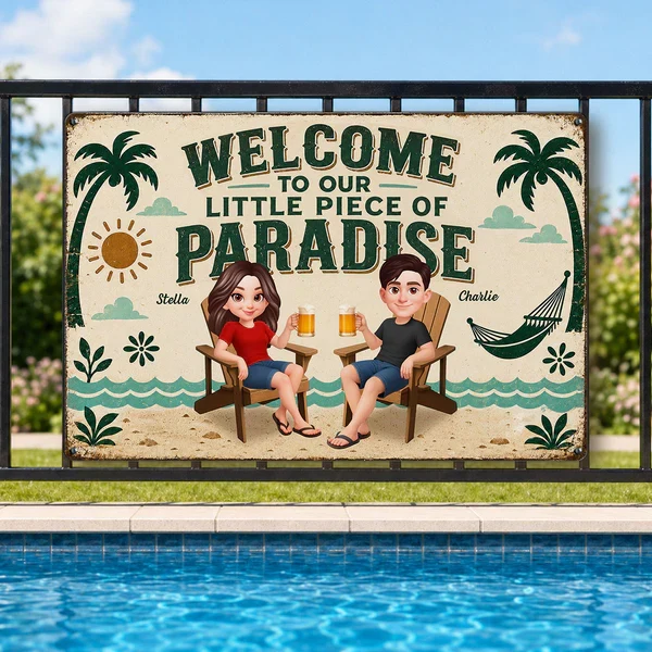 Personalized Rectangular Iron Sign, Seated Couple Pool Paradise Decor, Unique Gift for Couples - Image 6