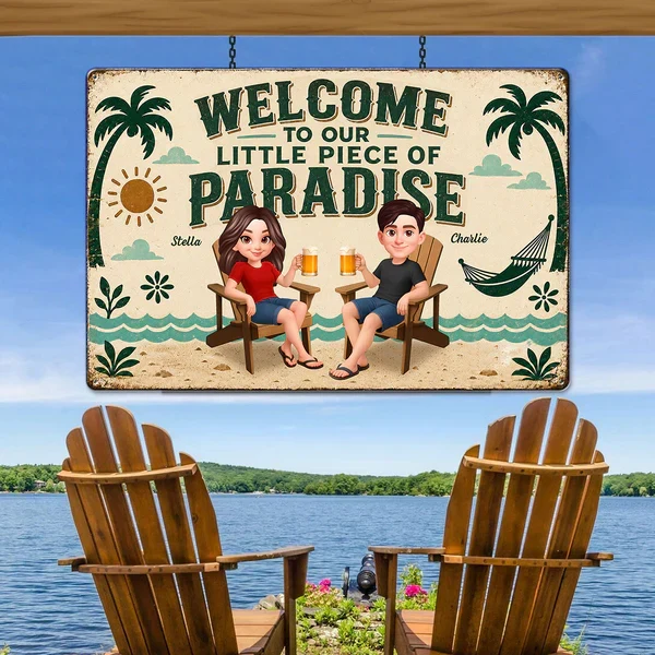 Personalized Rectangular Iron Sign, Seated Couple Pool Paradise Decor, Unique Gift for Couples - Image 7