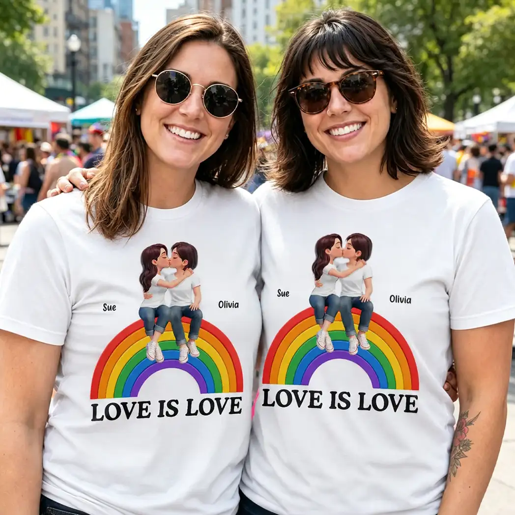 Personalized Classic Tee, Love Is Love Rainbow Couple Design, Unique Creative Gift for Partners