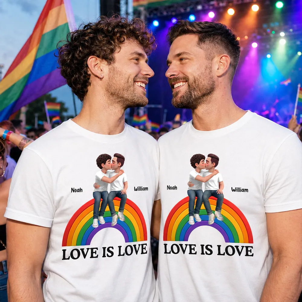 Personalized Classic Tee, Love Is Love Rainbow Couple Design, Unique Creative Gift for Partners - Image 2