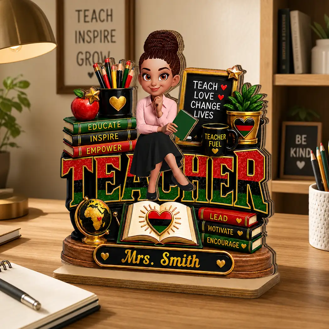 Personalized 2-Layer Wooden Plaque, Sitting Teacher Classroom Art, Unique Creative Gift for Teacher