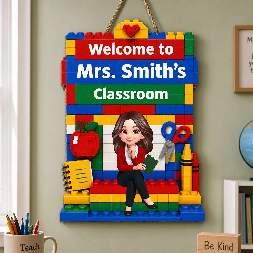 Personalized Wooden Sign with Sitting Teacher Character, Building Brick Classroom Decor, Unique Creative Gift
