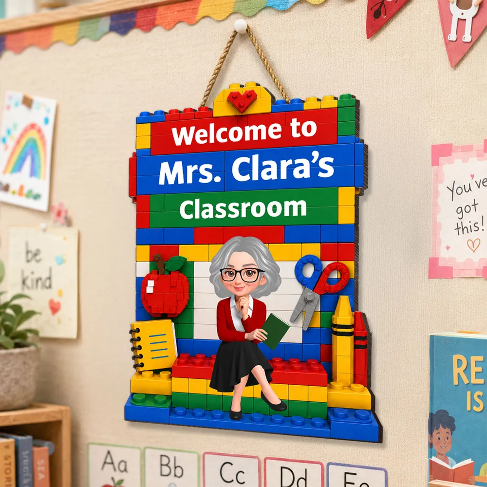 Personalized Wooden Sign with Sitting Teacher Character, Building Brick Classroom Decor, Unique Creative Gift - Image 2